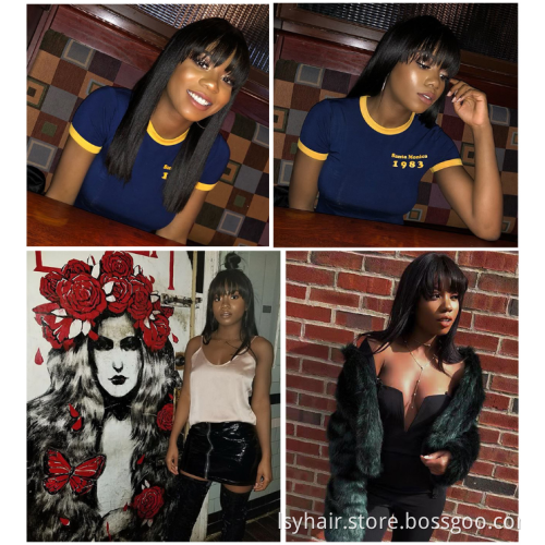 Lsy Long Silky Straight 360 Frontal Full Lace Wigs With Front Chic Bangs Fringe 150% Density 100% Indian Human Hair Wigs